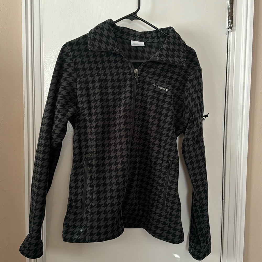 EUC Dark Grey Houndstooth Pattern Fleece Columbia Zip Up Jacket Size Medium - Picture 1 of 4